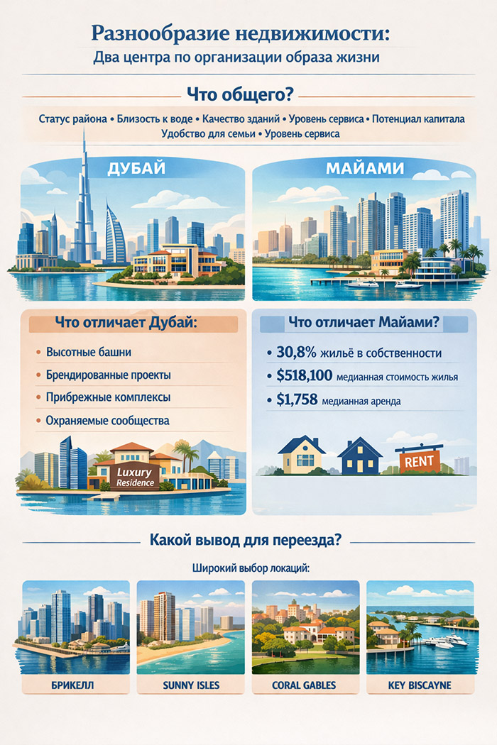 Инфографика, сравнивающая Дубай и Майами в плане разнообразия недвижимости