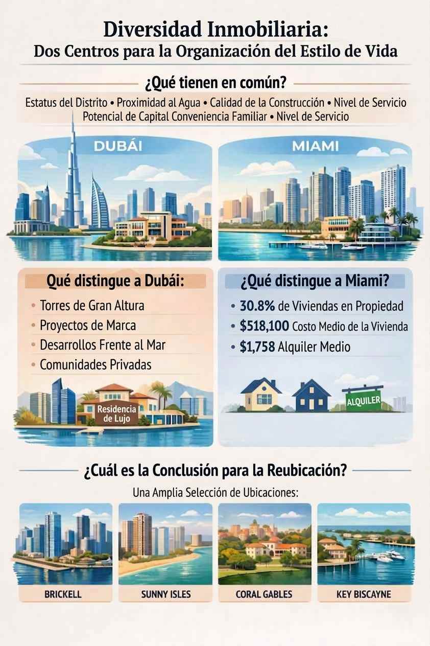 Infografía comparando Dubái y Miami en términos de variedad inmobiliaria