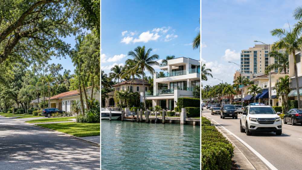 A collage of internal residential streets, waterfront properties, and houses near busy streets