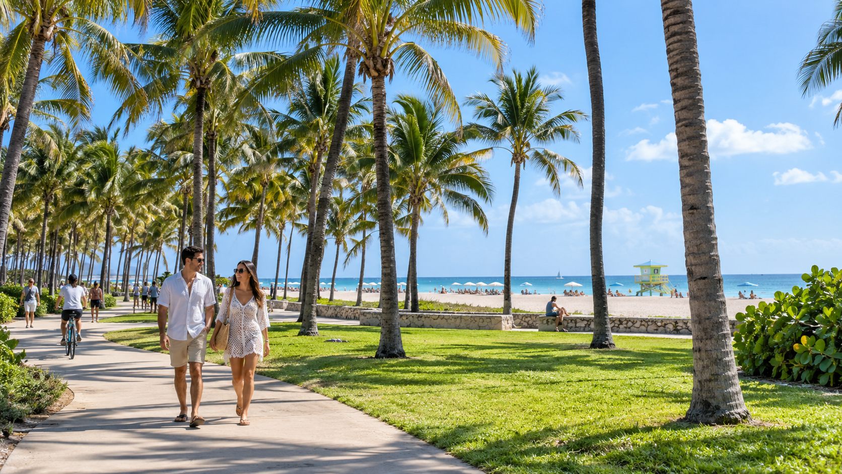 Пара гуляет по Lummus Park рядом с пляжем в Майами-Бич
