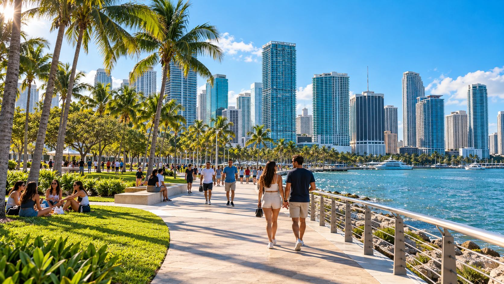 Люди гуляют по набережной Bayfront Park в Downtown Miami