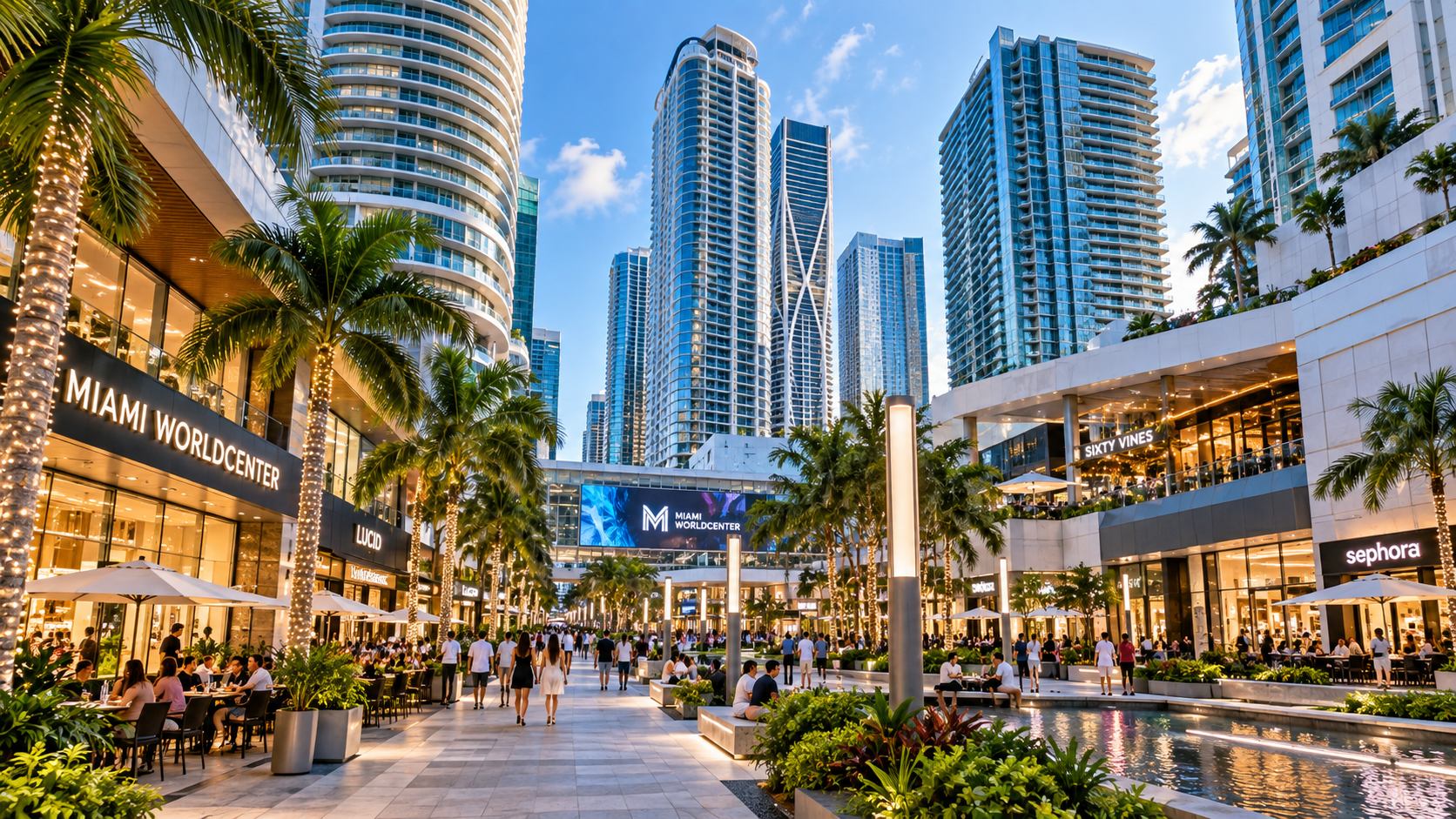 Жилые башни и пешеходные улицы Miami Worldcenter