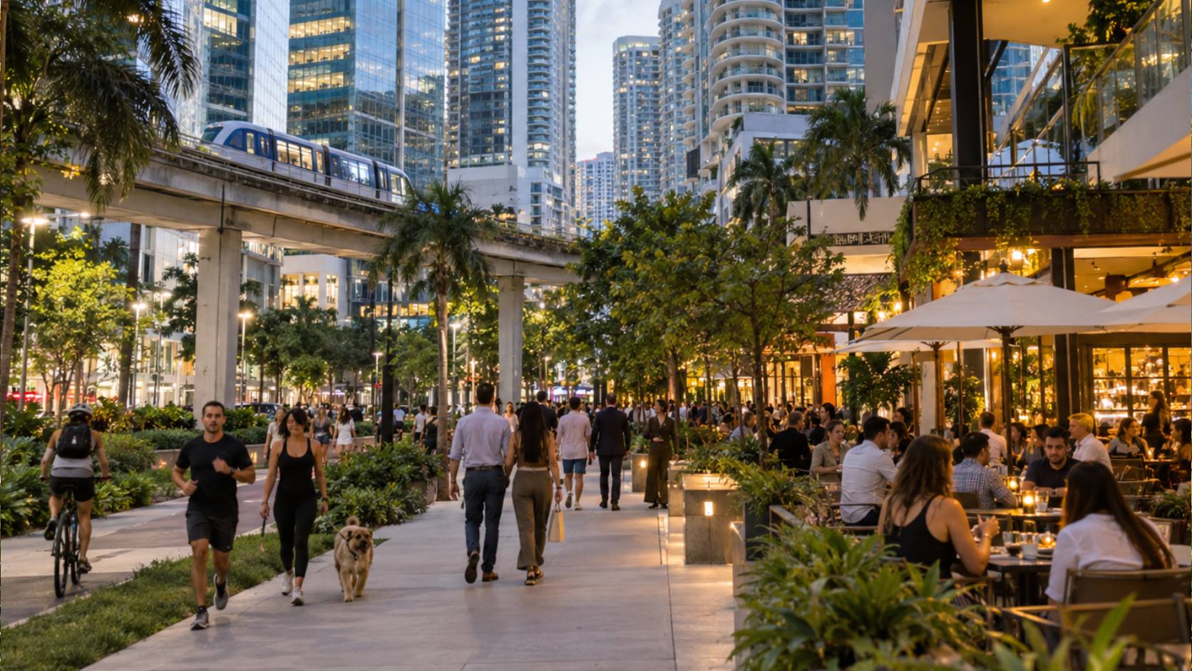 Уличная сцена в Брикелле с высотными зданиями, Metromover, пешеходами и открытыми террасами