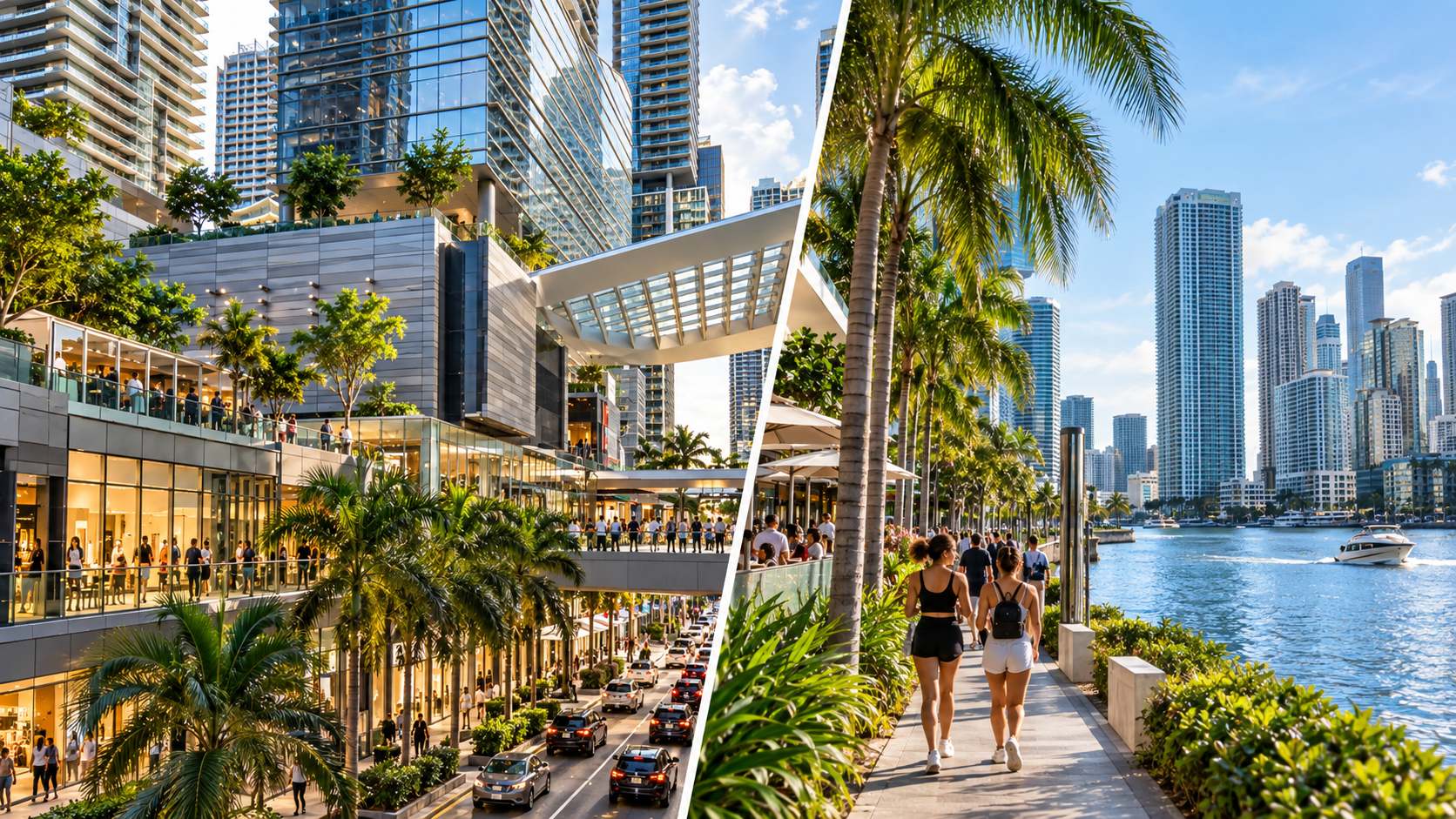 Brickell City Centre и прогулочный маршрут у воды на фоне высотных зданий Майами