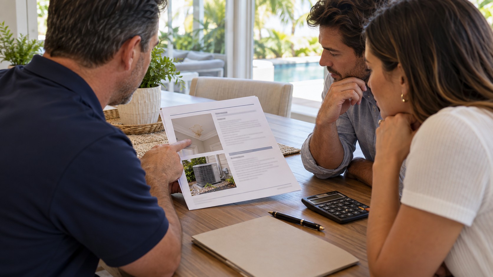 Homebuyers reviewing inspection findings and property photos with an inspector