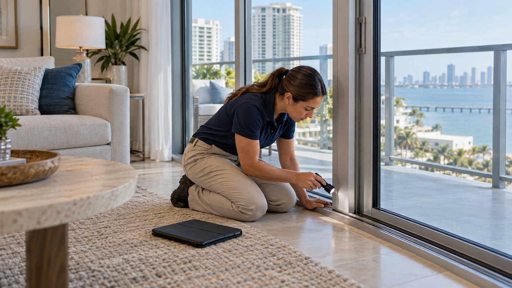 Condo inspector examining a sliding balcony door frame and track