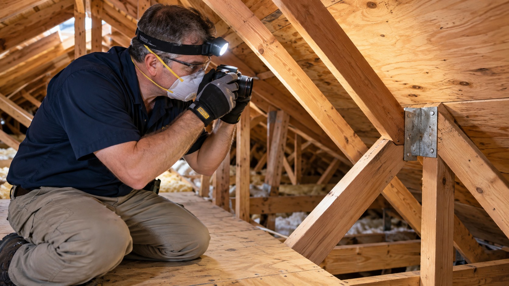 Inspector photographing roof framing and metal connections in an attic