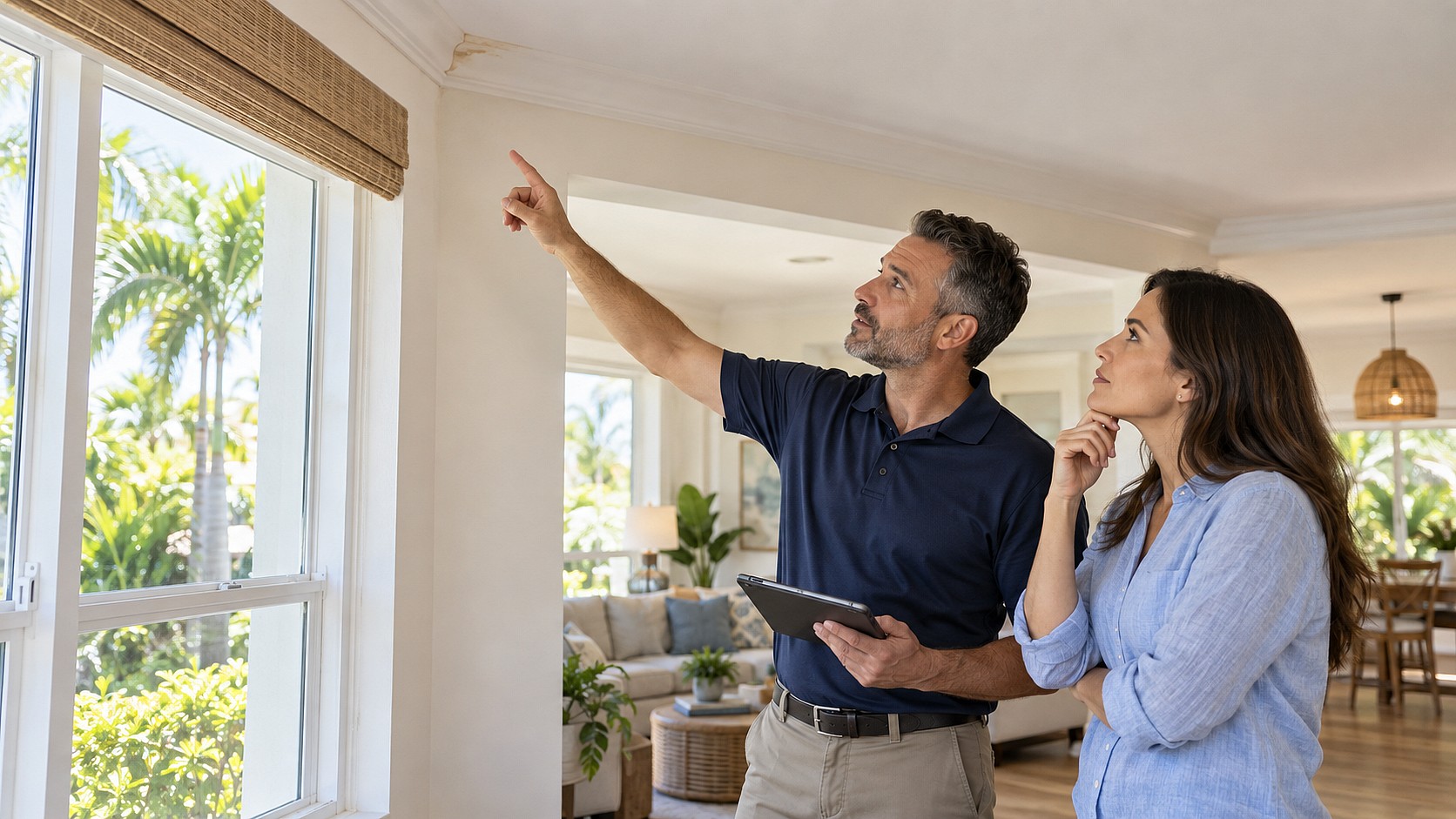 Home inspector showing a buyer water stains on the ceiling during a home inspection