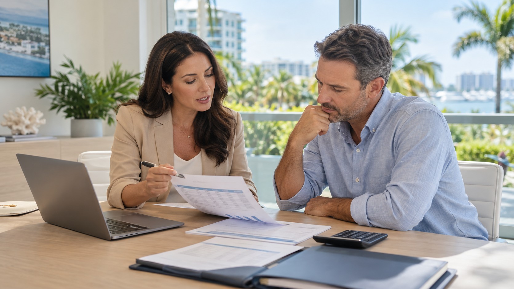 Buyer and adviser reviewing condominium association documents and budget