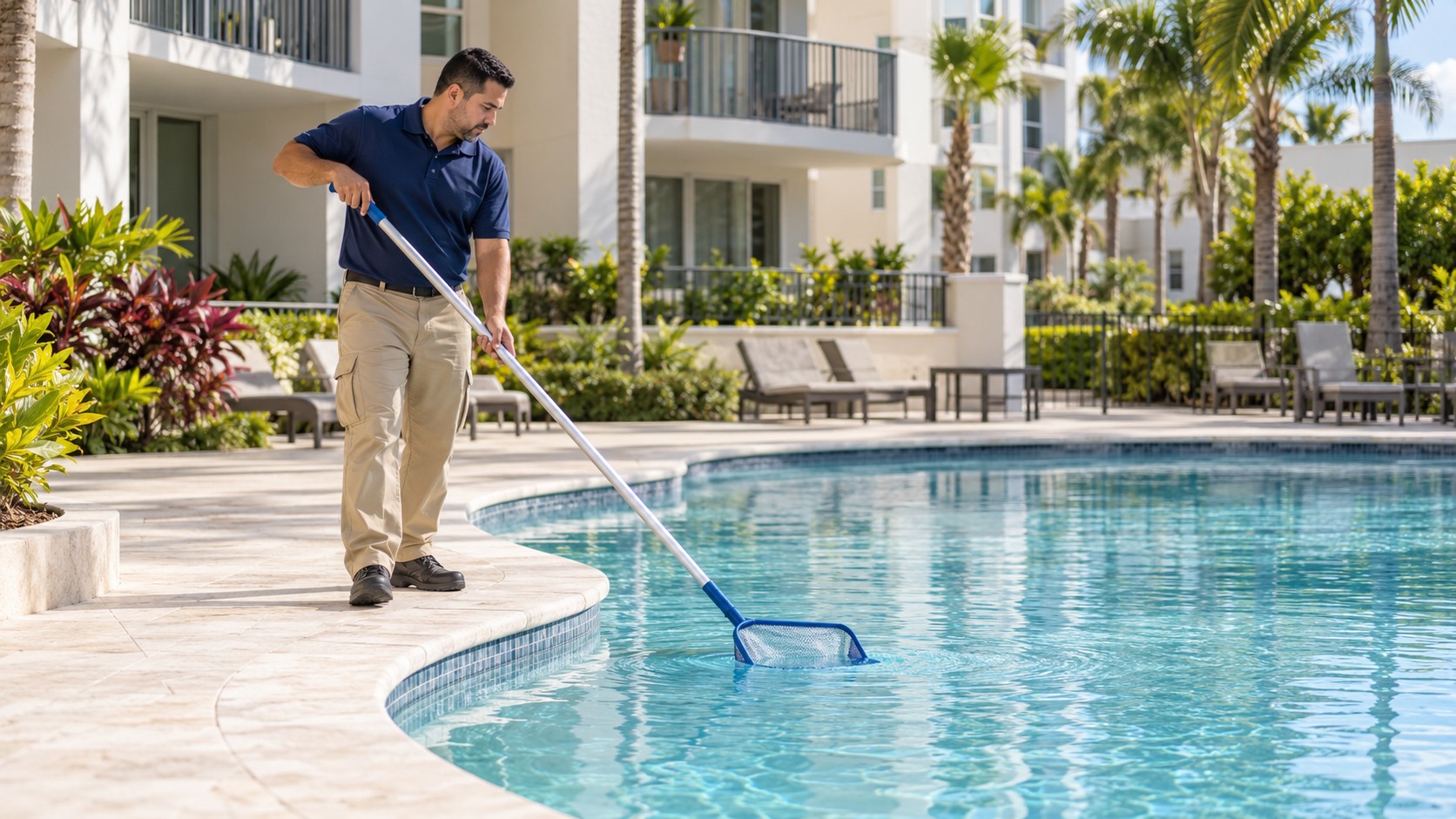 Maintenance worker cleaning a shared condominium swimming pool