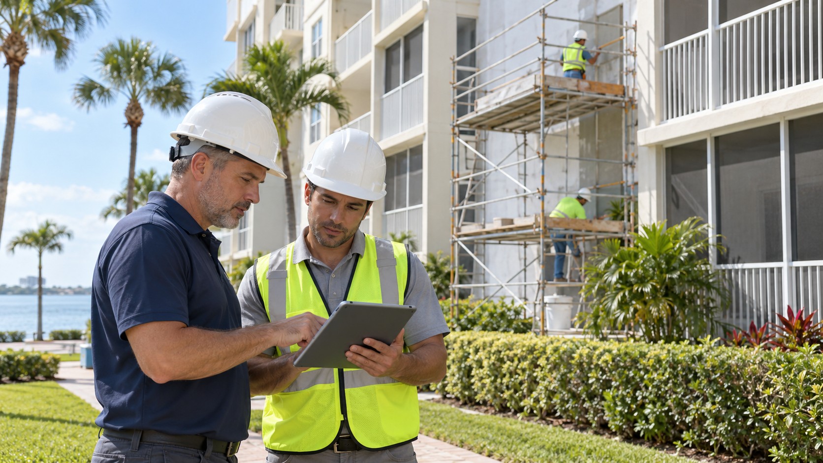 Building professionals reviewing repair plans beside condominium exterior scaffolding