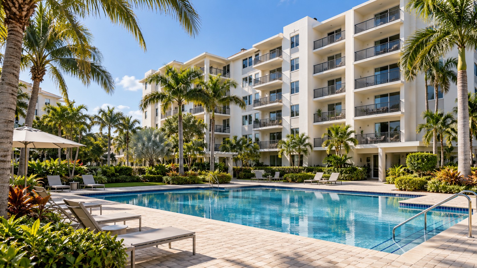 Condominium building with a shared swimming pool and landscaped courtyard