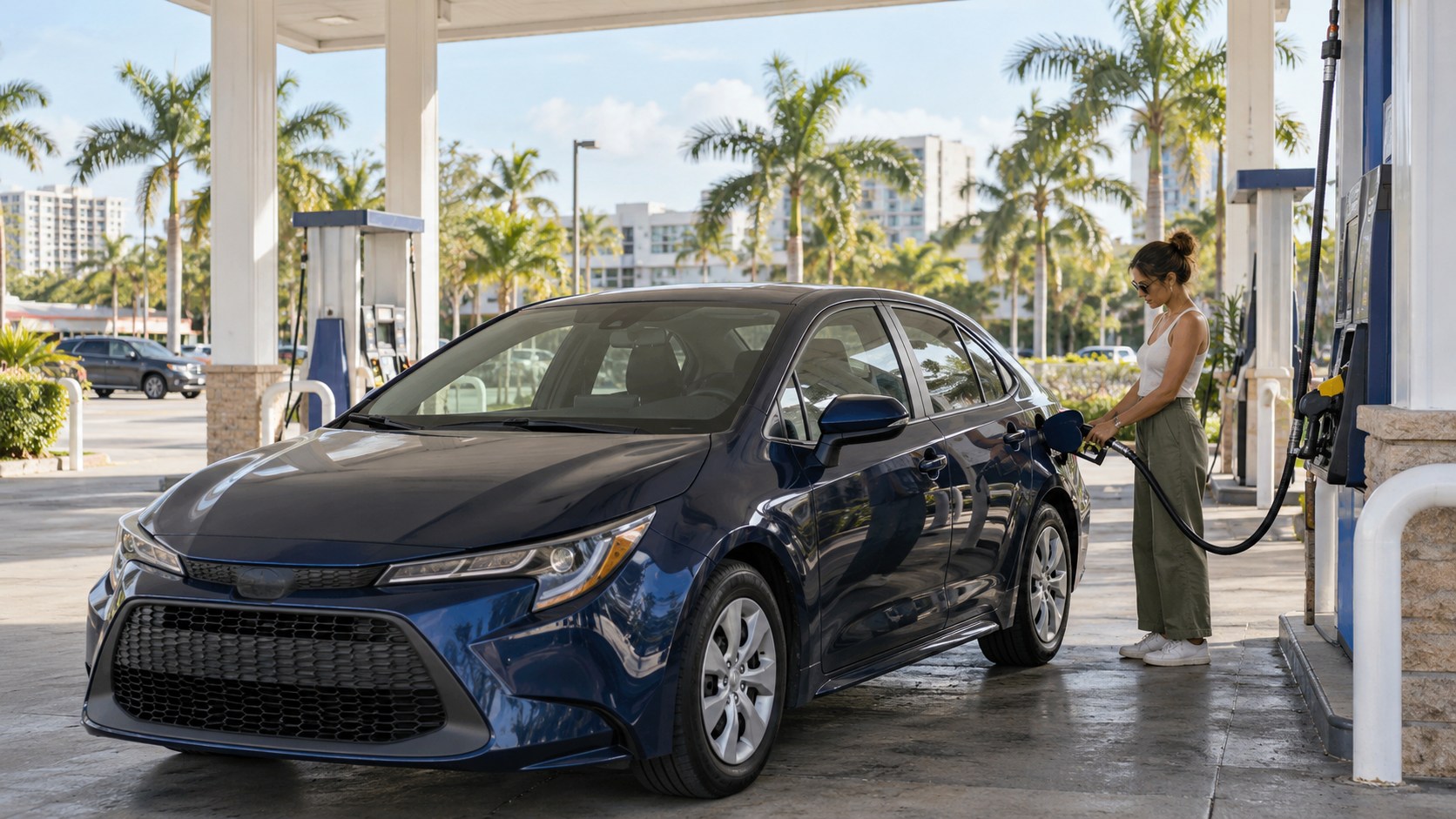 Woman refueling a blue sedan at a gas station