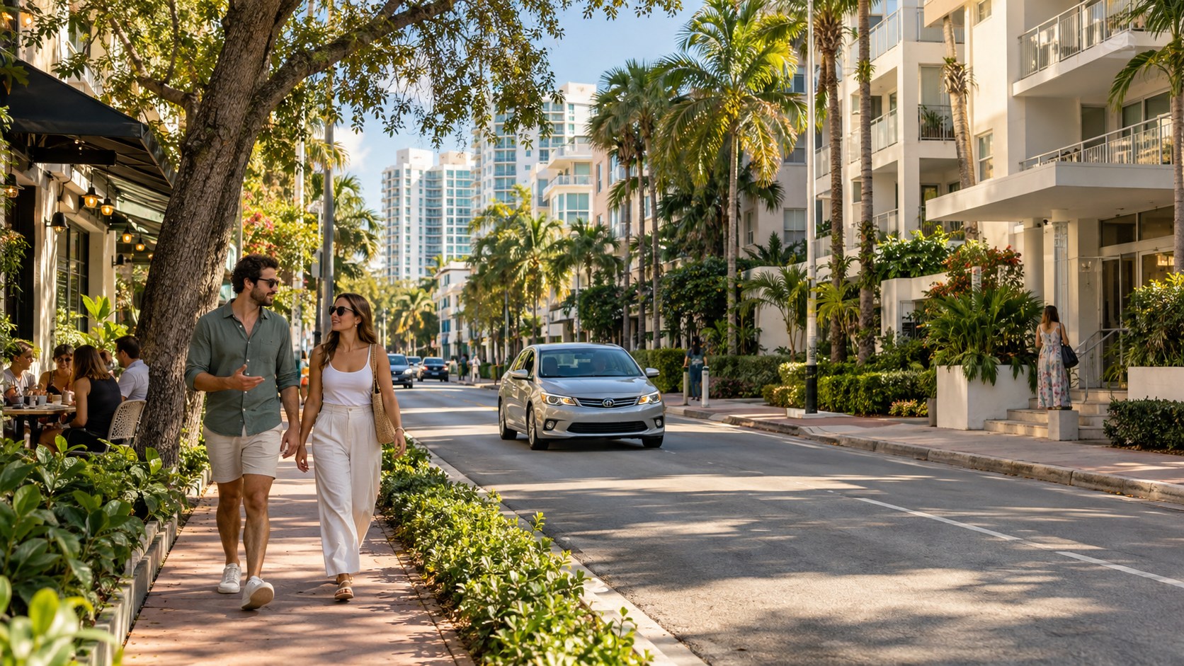 Pedestrians and a car on a palm-lined residential street with apartment buildings and a sidewalk café