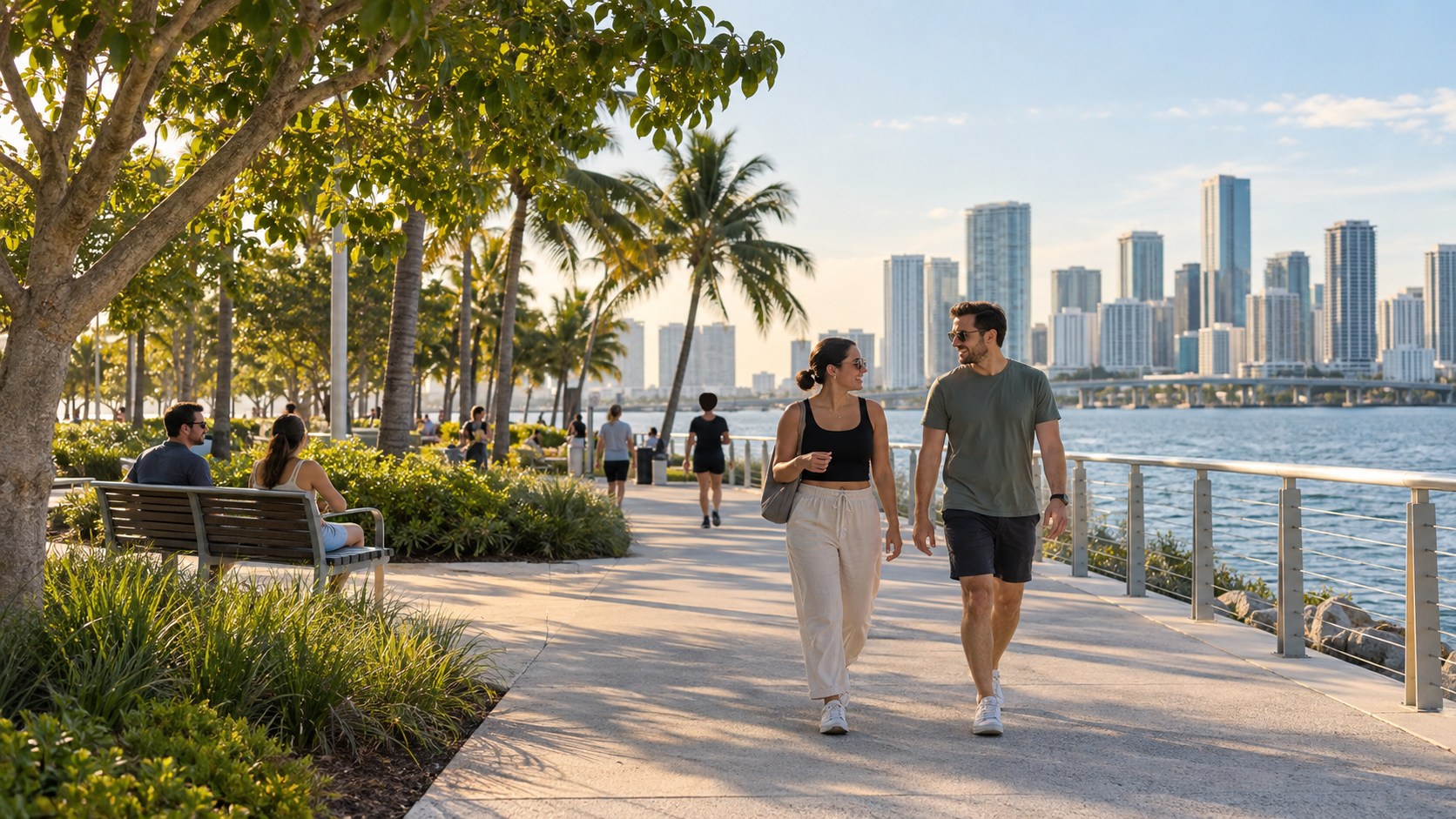 People walking and relaxing along a waterfront promenade with palm trees and a city skyline